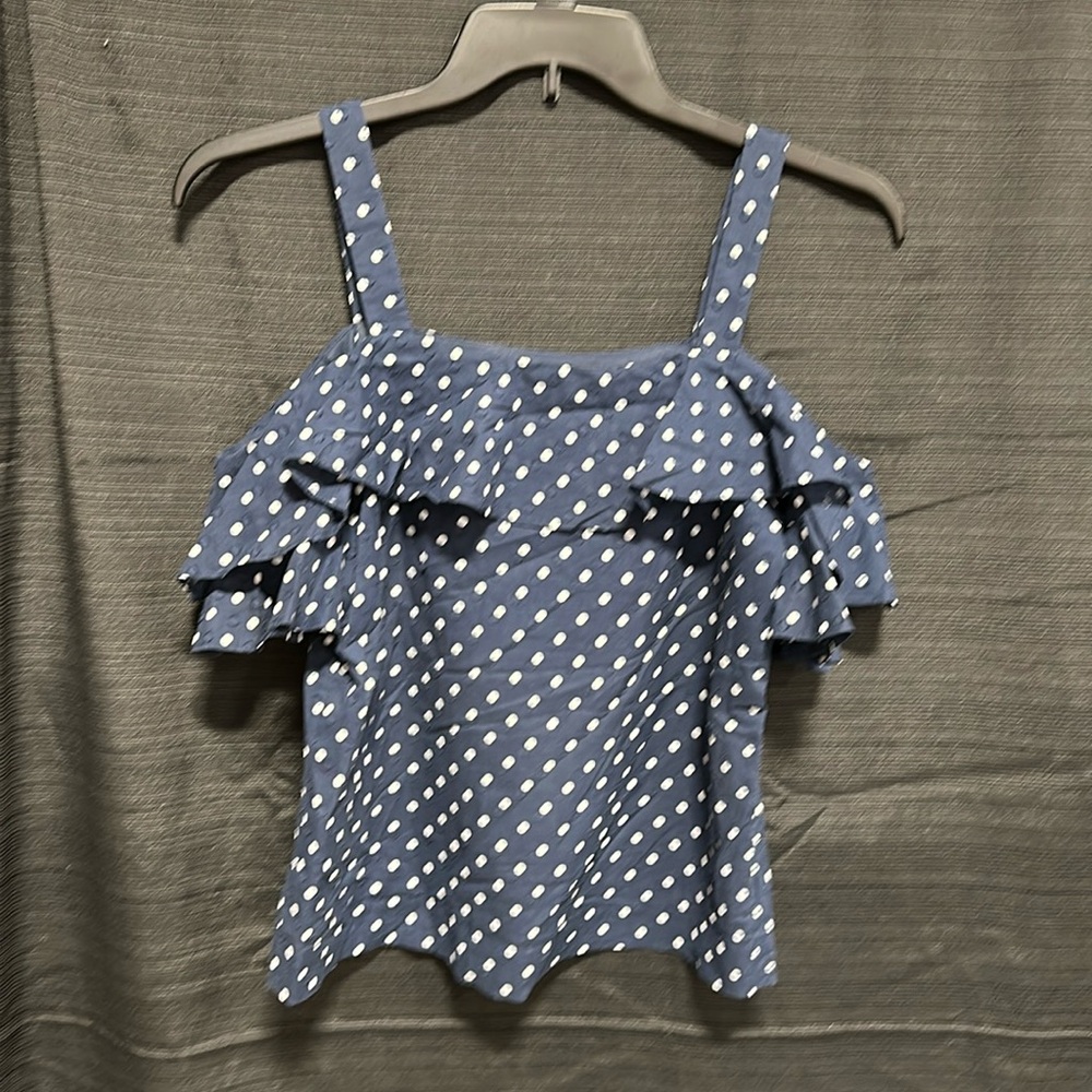 J‎ Crew womens 2 navy polka dot off shoulder ruffle top lined